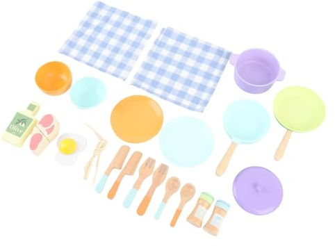 SUNGOOYUE Wooden Play Dishes Kitchen Set, Colorful Kitchen Utensil Playset for Girls, Safe Linden Wood Cooking Toys, Ages 3+, Fun Family Time, Educational, with Interactive Role
