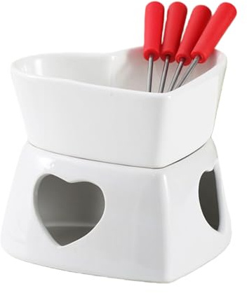 Juego de tazas para fondue de chocolate, con 4 tenedores de acero inoxidable, material cerámico, taza para fondue antiadherente, olla para postre, elegante expositor de mesa, para postre y chocolate