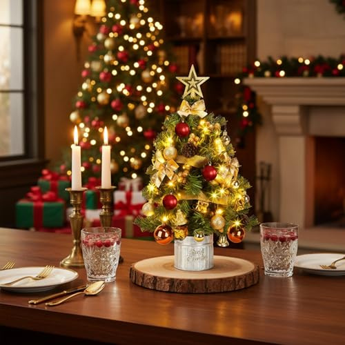 Aigostar Árbol de Navidad Pequeño con Luces Incorporadas, Mini Christmas Tree 60cm con Adornos Colgantes y Guirnalda Lluces, Ideal para la Decoración Navideña del Interior del Hogar