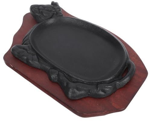 HEALEEP Plaque de Gril Fonte Forme Bœuf avec Base Bois Assiette de Cuisson Antidérapante pour Steak et Poisson Accessoire Cuisine et Chauffe Uniforme