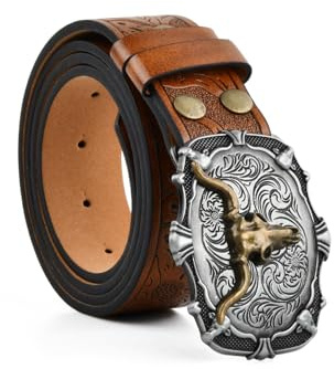 Amexo Ceinture Western en Cuir pour Homme, Ceinture à Boucle de Cow-boy en Cuir Occidental ceinture Florale Gravée Longhorn Bull pour Hommes Femmes Jeans Boucle Florale Gravée