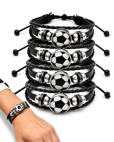 YAPKOLV Pulseras de Fútbol para Niños, 4 Piezas Trenzadas Ajustables. Ideales para Fiestas, Regalos Deportivos, Cumpleaños y Amistad Infantil.