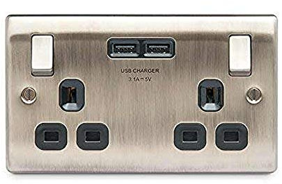 BG Electrical NAB22U3B Nexus Metal Antique Brass Double Switched 13A Power Socket With USB Charging - 2X USB Sockets (3.1A) Black Insert