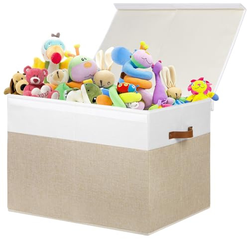 Gowee Large Toy Storage Box with Lid, Sturdy Toys Storage Chest Bin Organizer Basket with Dividers for Kids, Boys, Girls, Nursery, Closet, Bedroom, Playroom 26x17 x17 (Beige and White)