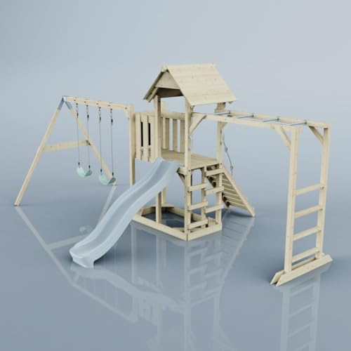 Rebo Klettergerüst aus Holz mit Wellenrutsche | Outdoor Spielturm mit Kinderschaukel, Trapezstange, Hangelstangen, Plattform und Kletterseil