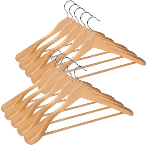 ABHENG Perchero de Madera, Conjunto de 10 Perchas de Trajes, Gancho Giratorio de 360°, para Chaquetas, Camisas, Trajes, Abrigos, 44 x 5,5 x 23 cm (L x B x H), Natural AWY0410N
