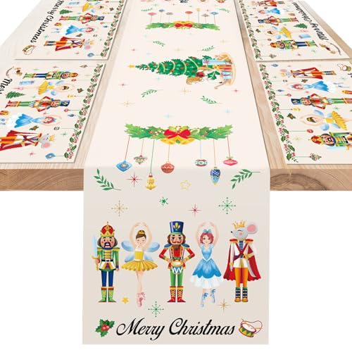 DPKOW Nussknacker Weihnachtstischläufer Platzset, Weihnachtsdeko Tisch Nussknacker Tischläufer Weihnachten Tischset Platzdeckchen, Christmas Table Runner Nussknacker Tischdeko Weihnachten Abwaschbar