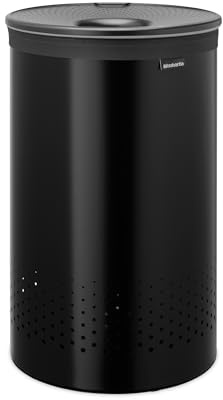 Brabantia Laundry Basket with Lid | 60L Washing Bin with Removable Cotton Bag & Quick-Drop Opening | Space-Saving Laundry Hamper | Matt Black