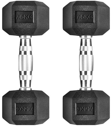 Mancuernas Hexagonales 5-25kg Set Profesional para Gym en casa, hierro fundido con revestimiento de Caucho SIN OLOR con mango Ergonómico Antideslizante, Versátil (7.5, par)