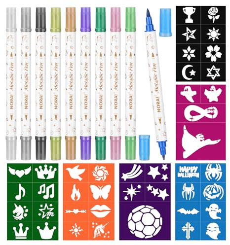 ATOMUS Temporary Tattoo Markers 10 Colors Dual-End Body Art Marker Pen & 6 Sheets Tattoo Stencils for Face Painting Nail Art DIY Drawing