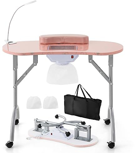 GOPLUS Nagelbord vikbart, manikyrbord med sugning, 3 lägen LED-bord, handledskudde, bärväska, manikyrbord, bärbart, på hjul för nagelstudio, skönhetssalong (rosa)