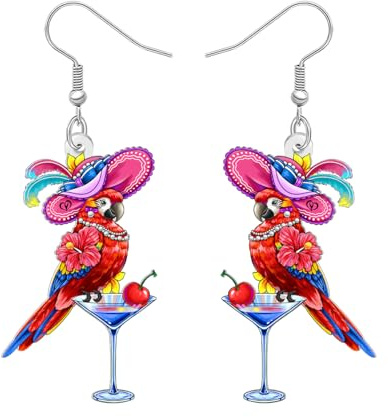 TTDGYYXW Acrylic Funny Hawaiian Parrot Earrings Tropical Bird Martini Glasses Holiday Summer Beach Hawaiian Jewellery Bird Lover Gifts for Women Mom