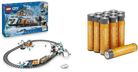 LEGO City Arctic Express RC Train, 22 tracks, 7+ years, 60470, & Amazon Basics AAA Alkaline 12 pack, 10yr shelf