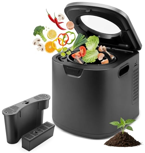 NutriChef 4 Quart Electric Kitchen Composter | Smart Countertop Composter Includes 2 Odorless Carbon Filters | Electric Compost Bin for Indoor Use | 3 Volume Based Modes Small, Medium & Large | Gray