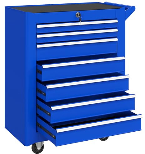 DURHAND Carro de Herramientas con 7 Cajones, Carro de Taller con Cerradura, Asa, 2 Ruedas con Freno de Bloqueo, para Garaje, Hogar, Azul