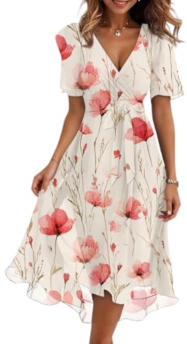 Generico Summer Dresses for Women Abito a Camicia Donna Estivi Abiti Estivo Curvy Larghi Spiaggia Spiaggia Mezze Maniche Stile Impero Scolla a V Mare Midi Floreale Vestito Copricostume XL