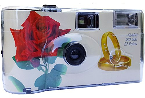 Hochzeitskamera / Einwegkamera Rote Rose mit Ringe (deutsche Bedienungsanleitung, mit Blitzlicht und Batterien, je 27 Fotos, ISO 400 Fuji)