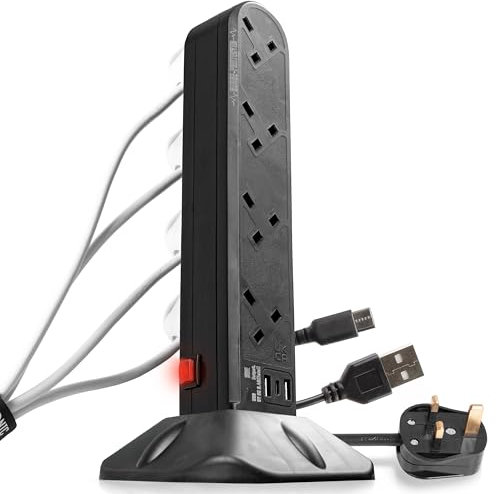 Duronic 8 Socket Extension Tower ST8B | 2 Metre (2M) Power Cable | BLACK | 8-Gang Extension Lead for UK Plug Sockets | Surge & Spike Protection | Max. 3000W Capacity