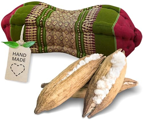 livasia Nackenstützkissen Papayakissen - Ø 13x43cm - Nackenkissen Papayaform, Sofakissen, Lesekissen mit Kapok, Kissen für Garten und Balkon, Reisekissen handgefertigt (Rot/Grün)