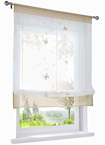 Raffrollo mit Schmetterling Bestickt Gardine Tunnelzug Transparent Voile Vorhang (BxH 80x140cm, Sand)