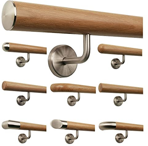 TIBU Pasamanos de madera de roble 0,3m - 6m, longitud 60 cm, extremo con ligera cúpula de acero inoxidable y 2 soportes en ángulo