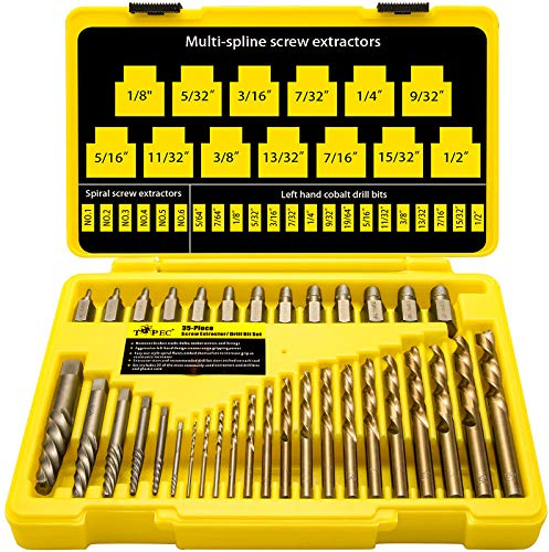 Topec 35-Piece Screw Extractor and Left Hand Drill Bits Set, Easy Out Screw Extractor Set with Reverse Drill Bits, Multi-Spline Extractors for Removing Broken Bolts and Stripped Screws