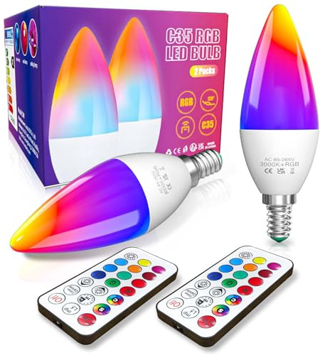 DoRight E14 LED-Farbwechsel von Kerzenlampen, 3W dimmbare Multicolor E14 RGBW-Lichtfernbedienung, Speicher- und Zeitsteuerungsfunktion, 40W-Äquivalent, RGB + Warmweiß 3000K (2-Pack)