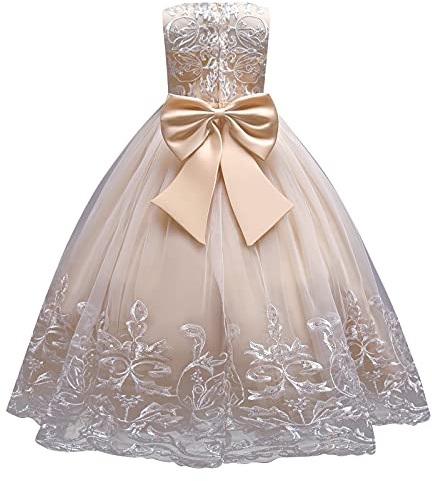 Flower Girl Lace Dress for Kids Wedding Bridesmaid Pageant Party Formal Long Maxi Gown Big Little Princess First Communion Birthday Dance Prom Sequins Bowknot Puffy Tulle Dresses Champagne 4-5 Years