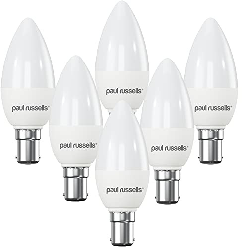 paul russells LED Light Small Bayonet Cap B15, 40watt Equivalent, 4.9W 470LM LED Bulbs, 2700K Bright Warm White, Frosted C35 SBC Candle Energy Saving Non-Dimmable Chandelier Lightbulbs, 6 Pack
