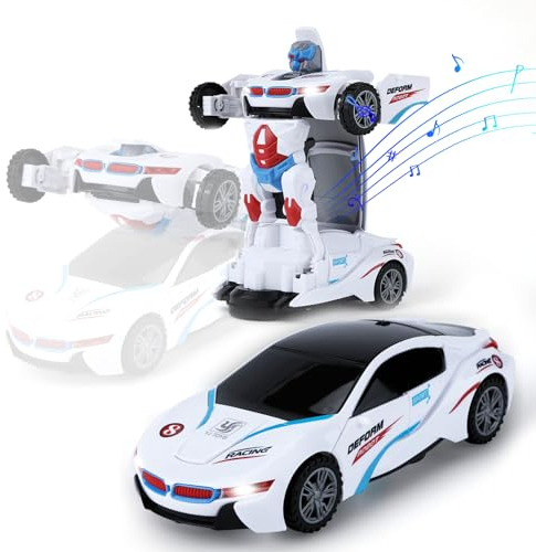 Luckits Polizeiauto Transform Auto Transformator Spielzeug Automatische Transformierung Roboter Spielzeug Auto mit Blinkenden Lichtern und Sound Auto Spielzeug für 3-7 Jahre Jungen Mädchen (White)
