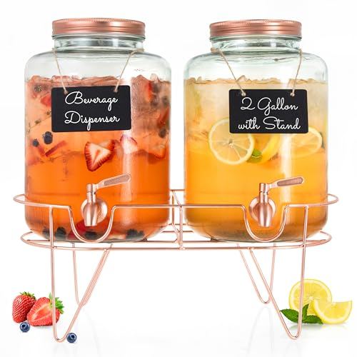Ilyapa Rose Gold Double Glass Beverage Dispenser with Stand - 2 Gallon Large Drink Dispensers for Parties with Stainless Steel Spigot, Ice Water, Lemonade, Juice, Sangria, Punch, Tea