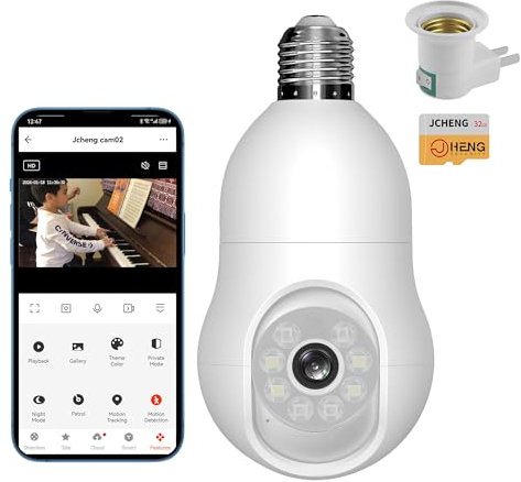 JCHENG - Telecamera di sicurezza intelligente con lampadina 2,4 GHz, 4 MP/2K, sorveglianza rotante a 360°, compatibile con TUYA/Smart Life, supporto Alexa e Google Assistant - Smart Home Security