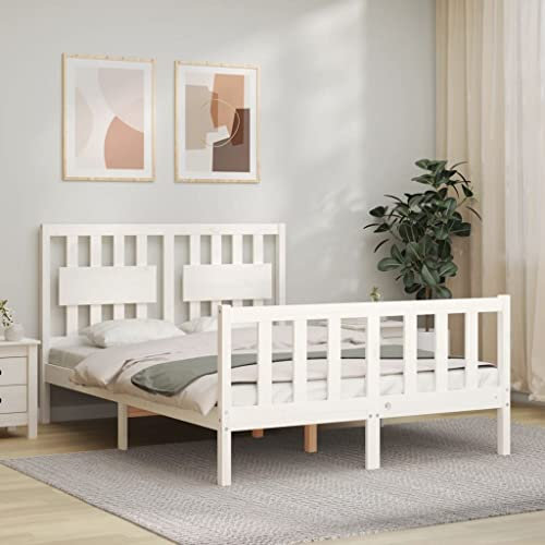 Gecheer Massiv träsäng, träsäng, massivt trä, säng, dubbelsäng/enkelsäng, balksäng, sängram, sängram, ribbotten med sänggavel vit typ 2