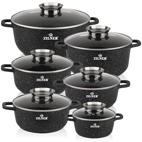 Kochtopf Set Induktion - Topfset mit Glasdeckel - Töpfe für alle herdarten - Antihaftbeschichtung- ZILNER® (6, Shwarz)