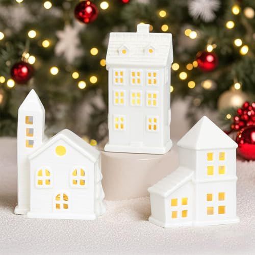 Begonia 3 Stück Weihnachtsdeko LED Weihnachtsdorf beleuchtet, Weisse Häuser Keramik Lichthäuser, Teelichthalter Windlicht Nachtlicht, Weihnachten Dekoration Haus