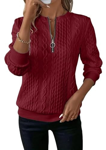 Sukiglam Sweatshirt dam halv dragkedja tröja med flätmönster elegant långärmad tröja basic tröjor utan huva casual långärmad stickade toppar lös sweatjacka tunika topp varm tröja höst vinter, vinröd