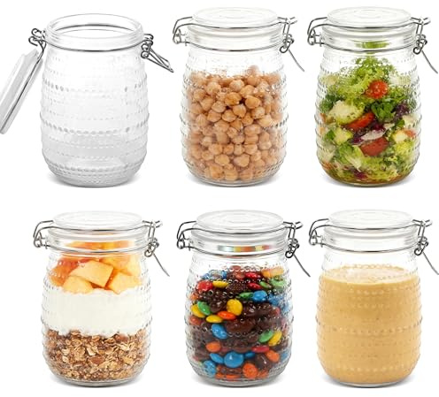 DicraoLea 32 oz 6Pack Glass Mason Jars with Airtight Clip-Top Lids, Wide Mouth Reusable Glass Canning Storage Containers Jars for Kitchen, Jams, Pickling, Coffee Beans & Meal Prep (32 oz)
