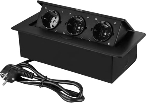Sänkbart uttag, installation grenuttag 3 fack bordsuttag inbyggt uttag 1 800 W/10 A/230 V bordsskiva flera uttag för kontor skrivbord kök, svart 1,5 m kabel
