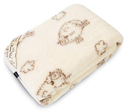 Manta de lana merino natural, diseño de oveja feliz, marca de lana (doble 160/200 cm)
