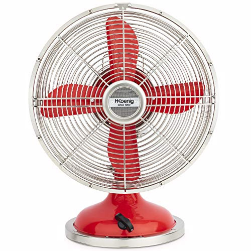H.Koenig JOE50 Ventilador Rojo, Ventilador Eléctrico Retro Vintage, Diseño Silencioso, 3 Velocidades, Fijo y Oscilación 90ºC, Metal, Ajuste Vertical, Pie Antideslizante