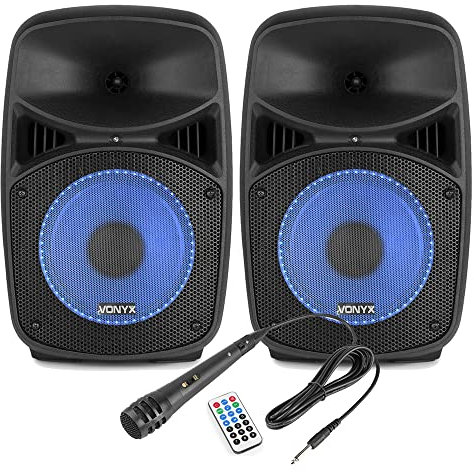 Vonyx VPS082A 8 Bluetooth Active Party Speaker System with LED Lights, 400W, Built-In USB/SD MP3 Player, Wired Mic & Remote for Home Parties, Active/Passive Pair for Karaoke & Small Events
