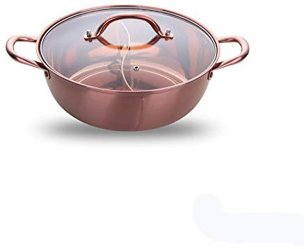 Stainless Divided Hot Pot Stainless Steel Hot Pot Table Soup Cooking Pot with Glass Lid Golden Induction Cooker Gas Stove Compatible Pot Home 11.8 Inches-Rose Gold