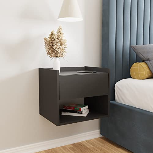 GFW Harmony Wall Mounted Pair of Bedside Tables, Black Floating Nightstands with Drawer and Open Shelf, Modern Bedroom Storage Units