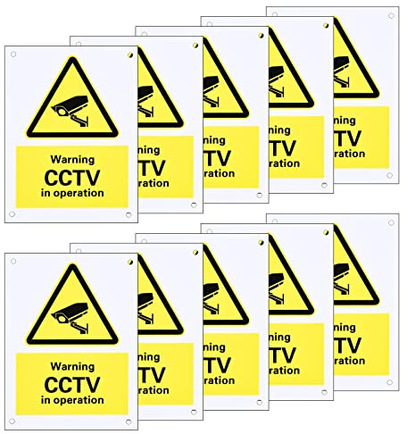 10 Pack Pre-Drilled CCTV in Operation Sign, CCTV Stickers Plastic Sign for Outdoor Use, Rigid Plastic Sign, 75 x 100 mm Yellow&Black