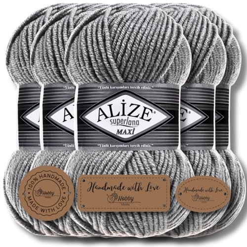 Alize 5 x 100g Superlana Maxi Türkische Premium Wolle Baumwolle und Acryl Uni Handstrickgarne, Yarn, Garn, Strickgarn, Einfarbig, Baby, zum Häkeln Stricken Kleidung Schals (Coal Grey - 87)