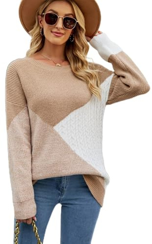 Tröja Damtröja Stickad Tröja Kvinnor Lös Krage Bekväm Långärmad Blusar Mode Lös Färgglad Tröja Kvinnor Collage Sweatshirt Toppar Höst Vinter, khaki, L