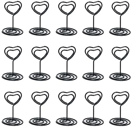FSSTUD 20 Pcs Heart Shape Place Card Holders Table Number Stands Metal Table Card Holder Clips Wire Photo Picture Stand Note Memo Menu Clips for Wedding Black