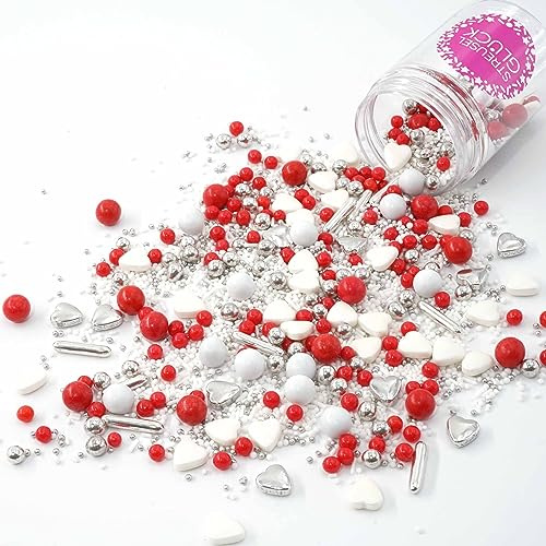 STREUSEL GLÜCK Streusel Tortendeko Herzblatt weiss rot silber 90g - Zuckerstreusel Valentinstag Weihnachten Kuchendeko Geburtstag - Sprinkles Deko Plätzchen Torte Kuchen Cupcakes - essbare Streudeko