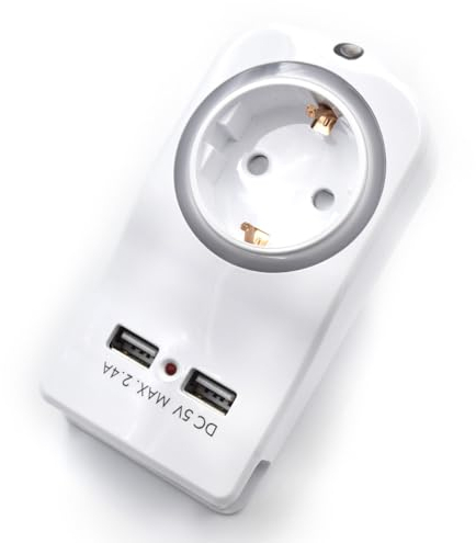 Enchufe Pared, Enchufes 3680w con Doble USB y 1 Toma Schuko 16A,Cargador USB Que Ahorra Espacio para portátil/Smartphone,Multienchufe para casa/Oficina,Indicador LED,Sensor de día y Noche,Blanco