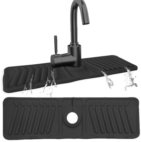 Echehi Silicone Sink Splash Guard, 44 x 14 cm Tap Mat for Kitchen Sink with Cuttable Holes, 7° Tilt, 90° Foldable Design. Black